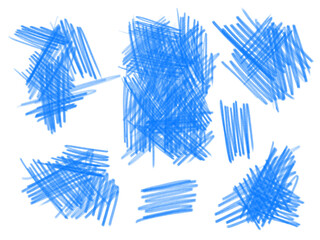 Blue color pencil drawing elements set. Hand drawn hatching clip art isolated on white. Abstract scribbles collection.
