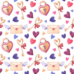 Watercolor seamless pattern of pink,purple heart,key, envelope on white background