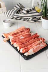 Natural crab meat without additives. Pure product. Serving on a light background