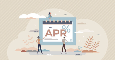 APR or annual percentage rate for credit card and loan tiny person concept. Bank financial interest to borrow money and investments vector illustration. Annual period charge plan for business company. - obrazy, fototapety, plakaty