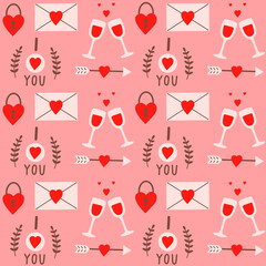 Fototapeta na wymiar Colorful seamless pattern with romantic elements for Valentine's Day on a pink background. Modern hand drawn design for scrapbooking, wrapping paper, fabric, card. Vector illustration