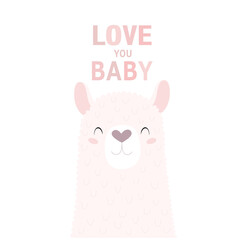Print. Card with cute cartoon lama on white background "love you baby". Poster, postcard, valentine, invitation
