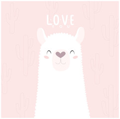 Print. Vector card with cute cartoon llama on pink background "love you". Poster, postcard, valentine, invitation
