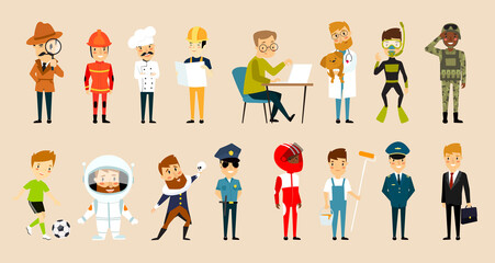 Print. Big set of vector illustrations "male professions". Stickers. Cartoon characters. Cartoon mans.
