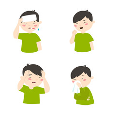 Print. Vector set of boy with viral disease symptoms. Virus. Covid 19. Colds, flu, fever, runny nose, headache
