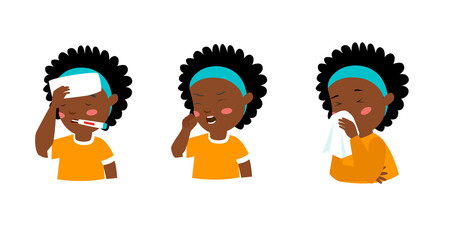 Print. Vector set of African American girl with viral disease symptoms. Virus. Covid 19. Colds, flu, fever, runny nose, headache
