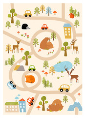 Print. Vector forest maze with animals, road, houses. Cartoon Forest Animals. Path in the forest. Game for children. Children's play mat.

