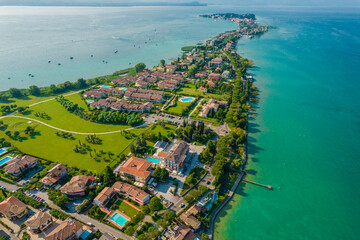 Aerial view of Sirmione resort coastline in Italy