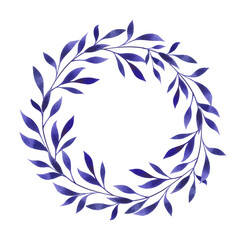 Fototapeta na wymiar Blue floral round wreath, frame, border, blank, template isolated on white. Watercolor botanical illustration for copy space, card, greeting, invitation. Green leaves circle design element.