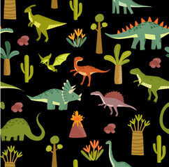 Print. Black background with dinosaurs. Wild animals pattern. Jurassic Park. Paleontology. Can be printed on fabric.