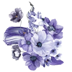 Fototapete Pantone 2022 very peri Aquarellarrangements mit sehr peri Blüten und Blättern. Violett mit Blumen, isoliert auf weißem Hintergrund