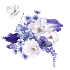 Fototapeta Watercolor arrangements with very peri flowers and leaves. Violet floral, isolated on white background obraz