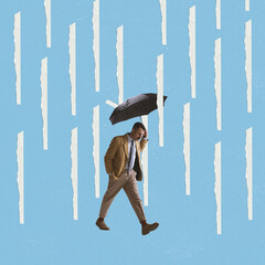 Contemporary art collage of man, businessman in suit with umbrella walk in paper rain over blue...