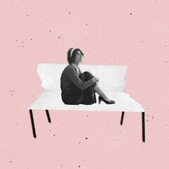 Contemporary art collage of woman in vintage suit sitting on paper bench isolated over pink...