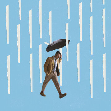 Contemporary art collage of man, businessman in suit with umbrella walk in paper rain over blue background