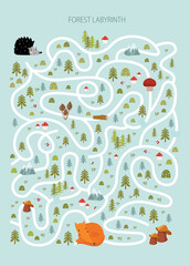 Print. Vector game for children with a labyrinth.  forest labyrinth. Forest animals.hedgehog, fox. cartoon animals.
