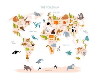 Print. Vector map of the world with cartoon animals for kids. Eurasia, South America, North America, Australia and Africa.  - 478284836