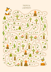 Print. Vector tropical maze with tigers. A game for children.