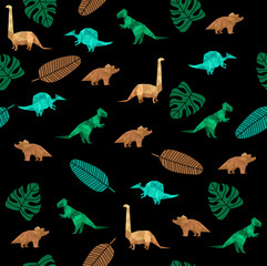 Print. Seamless background with dinosaurs. Black background with colored dinosaurs. Fabric, wallpaper.