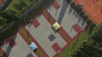 High angle view of tennis and basketball courts near a lake, athlete on the court - Powered by Adobe