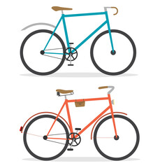 Bicycle, set of two sports bicycles with shadow isolated on white background. Vector illustration.
