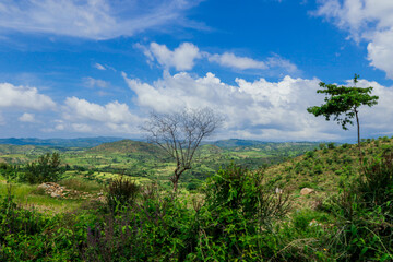 Fototapeta na wymiar Panoramic View to the Green Trees and Mountains under Cloudy Blue Sky of the Omo River Valley, Ethiopia