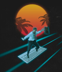 Fototapeta na wymiar Contemporary art collage. Businessman skating on computer keyboard isolated over dark tropical background