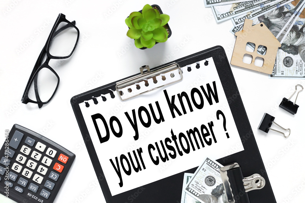 Poster writing the word do you know your customers. text on white paper on folder