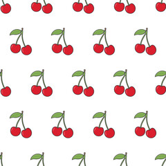 Cherry Fruit Seamless Pattern On A White Background. Fresh Cherry Berry Theme Vector Illustration