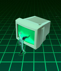 Creative artwork. Contemprary art collage of man getting in retro computer sreen isolated over green background in neon