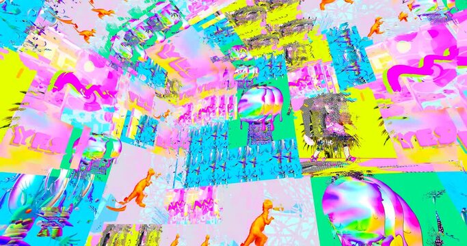 Looped 4k animation. 2d, 3d Crazy chaos mix of fashion objects and characters. Ideal creative modern clip for music background .