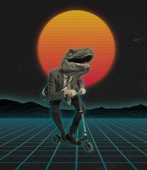 Contemporary art collage of man in suit with dinosaur head riding on scooter isolated on sunset background