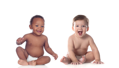 Cute babies on white background - obrazy, fototapety, plakaty