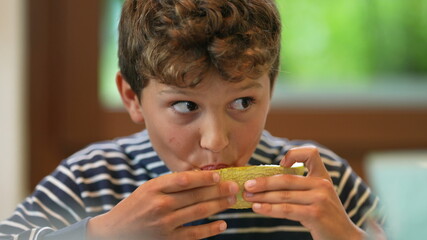 Young boy eating melon fruit. Child eats healthy food