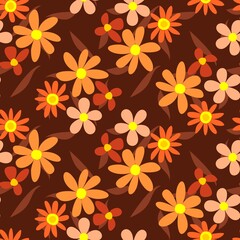 Seamless pattern with beautiful flowers in orange colors.  Vector image.