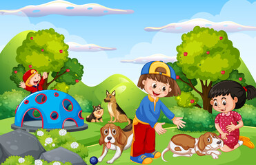 Obraz na płótnie Canvas Park scene with children playing with their dogs
