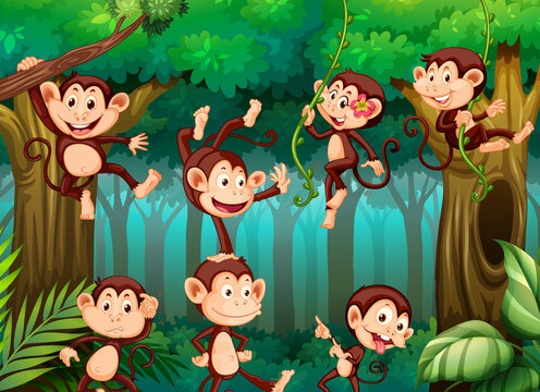 Many monkeys cartoon character playing in the jungle