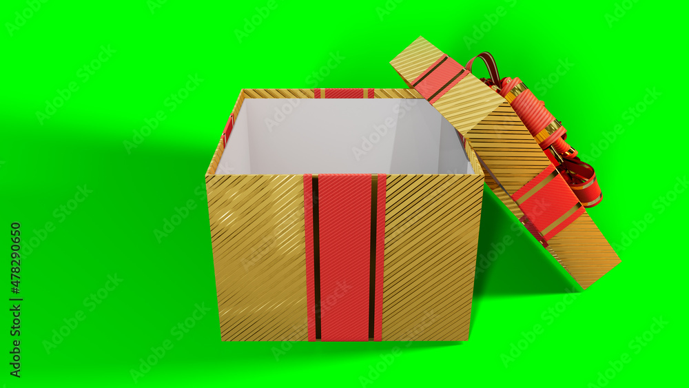 Poster opened decorated golden and red surprise gift box on chroma key screen, isolated - object 3d renderi