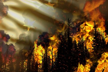 Big forest fire fight concept, natural disaster - infernal fire in the trees on Micronesia flag background - 3D illustration of nature