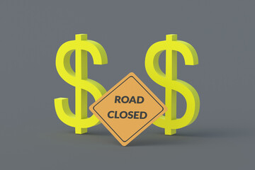 Investment in road construction. Customs duties. Toll road concept. Payment for travel. Distribution of the budget. Allocating money for motorway. Highway repair. Dollar symbol near sign. 3d render