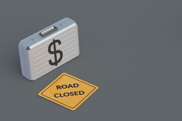 Highway repair. Toll road concept. Payment for travel. Distribution of the budget. Allocating money for motorway. Investment in road construction. Suitcase with dollar symbol near sign. 3d render