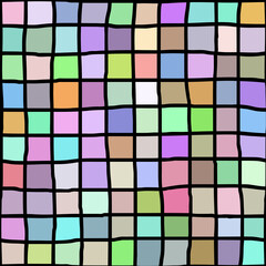 Multicolor mosaic of squares. Mesh, hand drawn. Seamless pattern. 