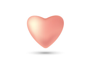 Rose gold heart shape with shadow. Realistic heart isolated on white background, design element. Vector illustration.