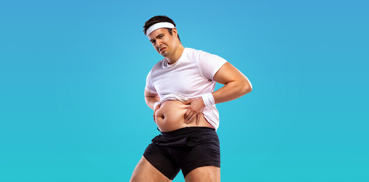 Fat man want to lose weight and become a slim athlete. Fitness concept.