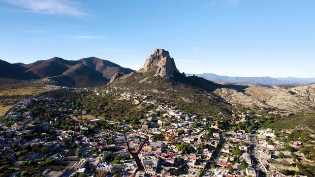 View of Pena de bernal monolit from a dron in queretaro mexico
