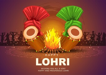 Indian Punjabi festival of lohri celebration fire background with decorated drum and hat. vector illustration design.