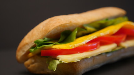 Delicious sandwich on a black background.
