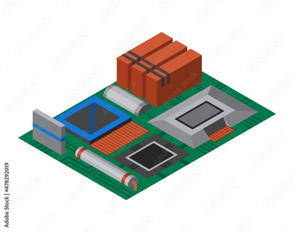 Aufkleber isometric circuit board with electronic components. computer chip technology processor circuit and c