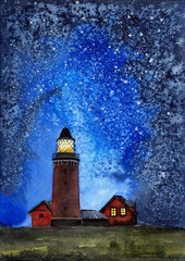 Watercolor illustration of Bovbjerg Fyr Lighthouse in Denmark at night against a black and blue sky strewn with stars - obrazy, fototapety, plakaty
