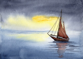 Fototapeta na wymiar Watercolor illustration of a sailing boat with red sails with its reflection in blue water against a yellow sunset sky background